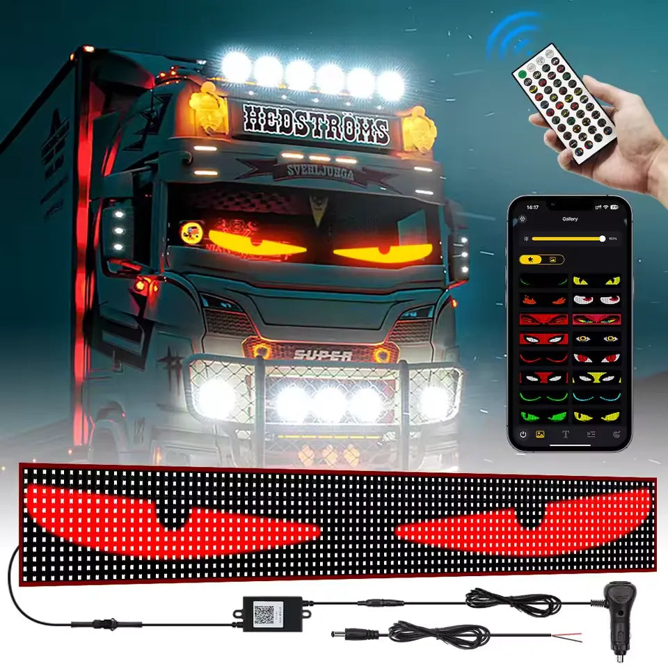 Panel de Luz LED Pixel Tipo Ojo para Auto y Camioneta, Control Remoto, Iluminación Plegable, Panel Enrollable para Parabrisas, 12V 24V